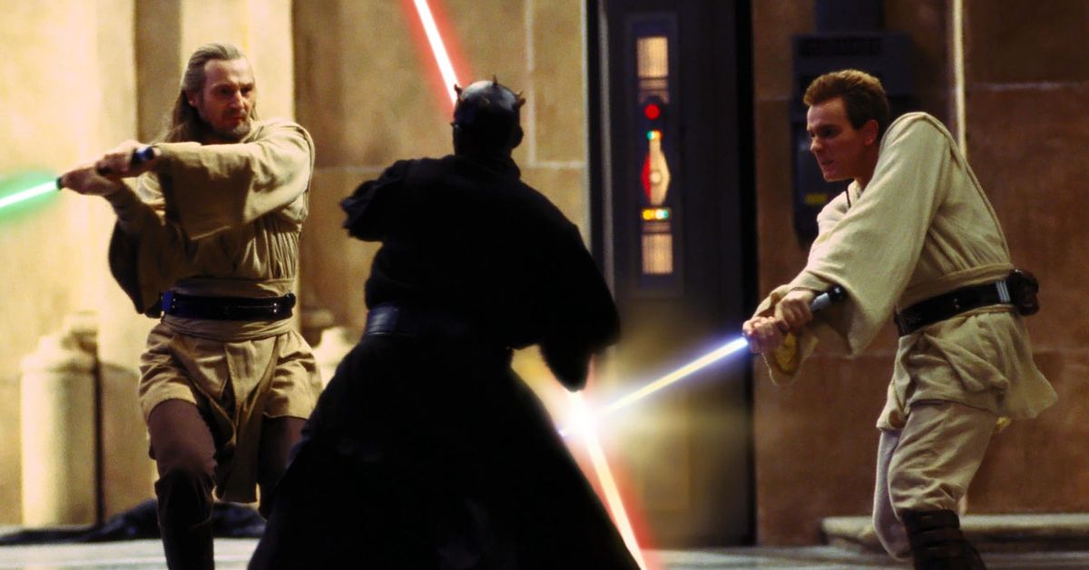 Qui-Gon Jin and Obi-Wan Kenobi vs Darth Maul lightsaber duel