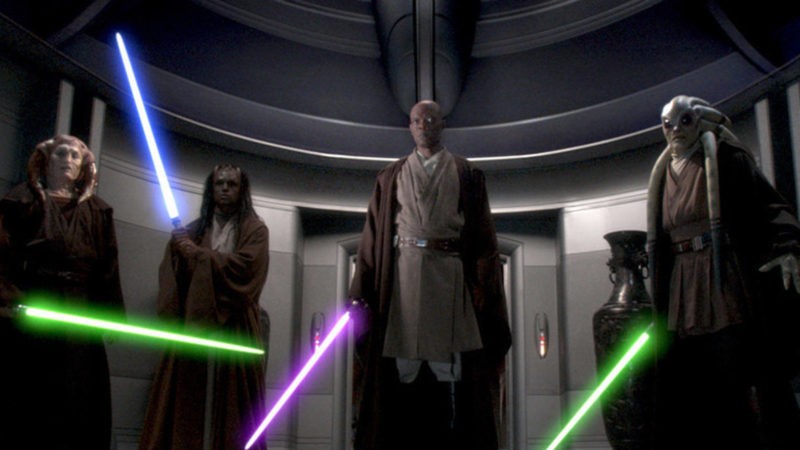 Jedi Masters Mace Windu, Saesee Tiin, Agen Kolar, and Kit Fisto confront Darth Sidious